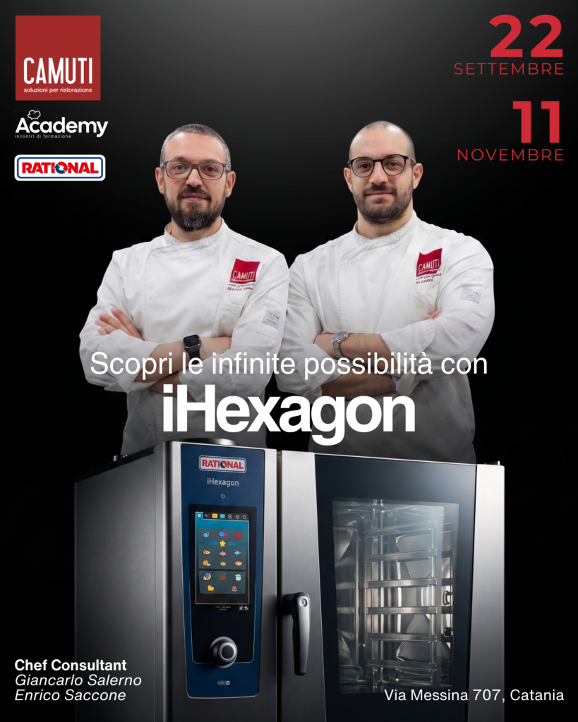 Locandina evento Camuti Academy Catania: prova dal vivo del microonde professionale RATIONAL iHexagon il 22 settembre e l'11 novembre